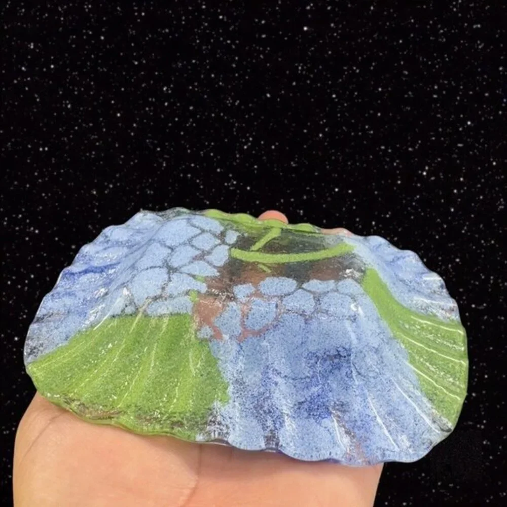 Fused Art Glass Dish Plate‎ Ruffled Edges Blue Flowers Glass Trinket Dish 6”Wide